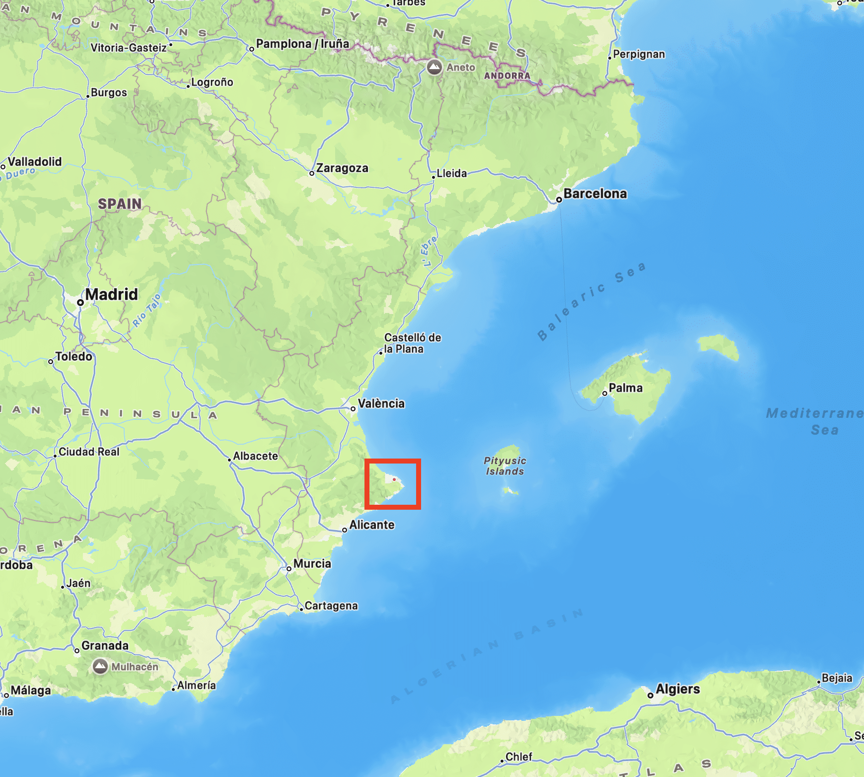 Map of spain highlighting the Northern Costa Blanca