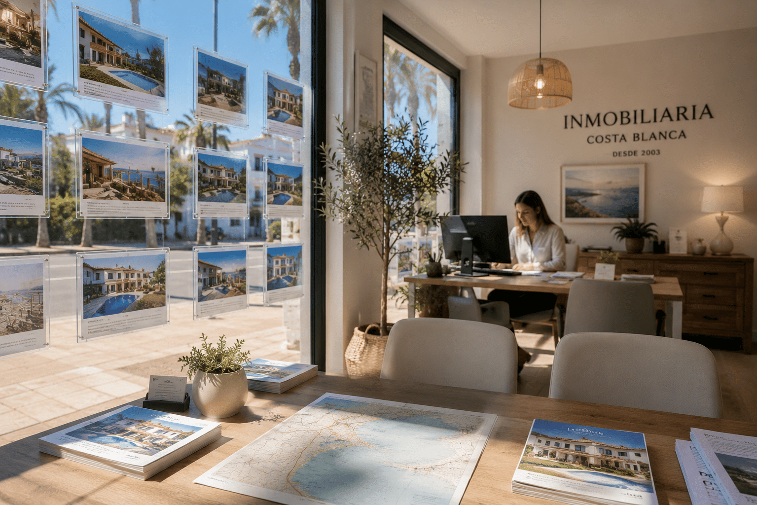 Boutique Mediterranean real estate office in Spain with property listings, neighborhood map and agent working in the background