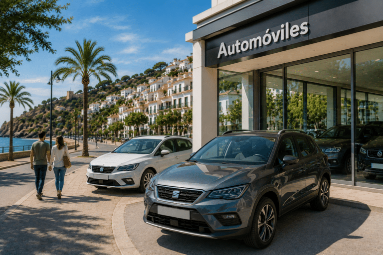 Modern car showroom and vehicle in a sunny Mediterranean coastal town representing buying a car in Spain