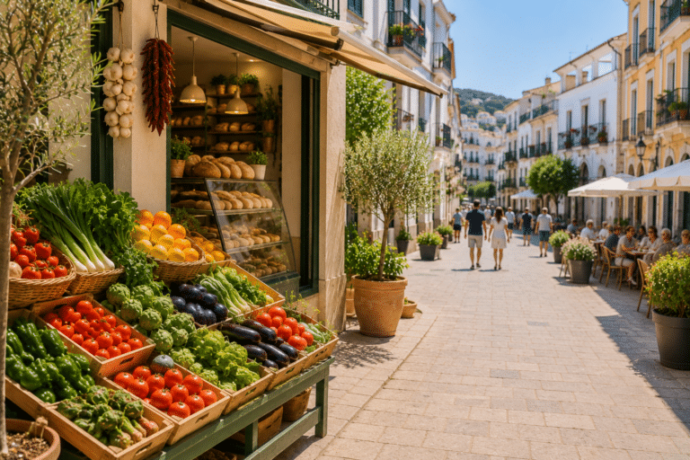 Sunny Mediterranean market and bakery scene representing everyday living costs and quality of life in Spain