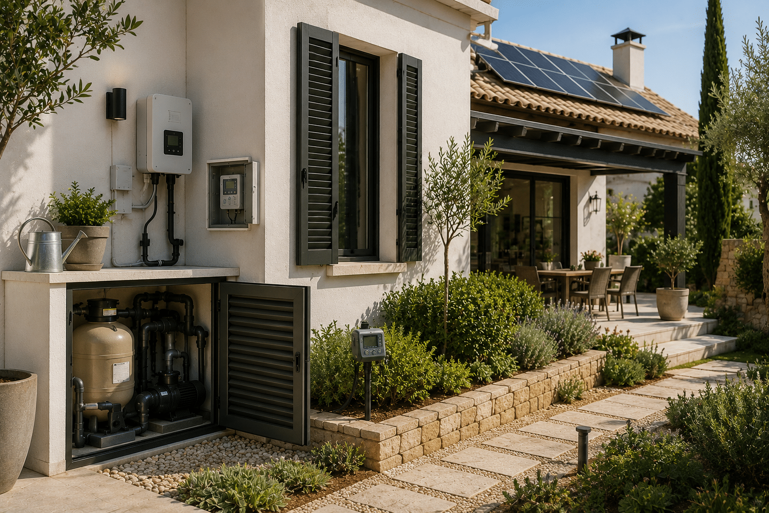 Mediterranean home in Spain showing rooftop solar panels, pool equipment, irrigation and exterior systems related to ongoing property ownership costs