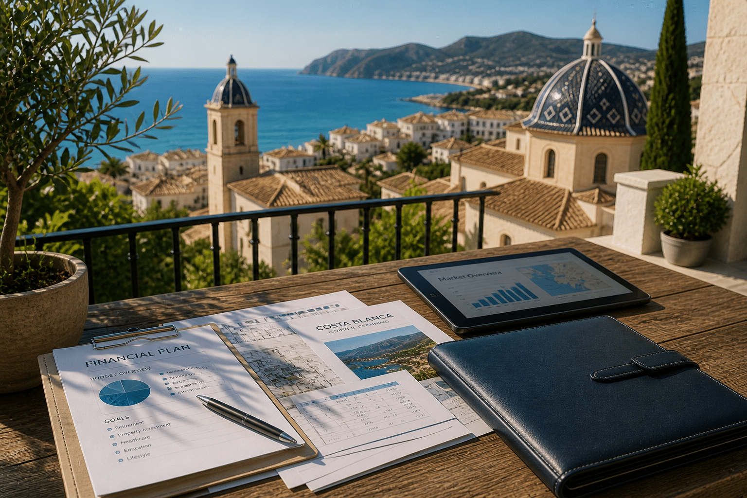 tablet, financial documents on a desk on a balcony overlooking the mediterranean.