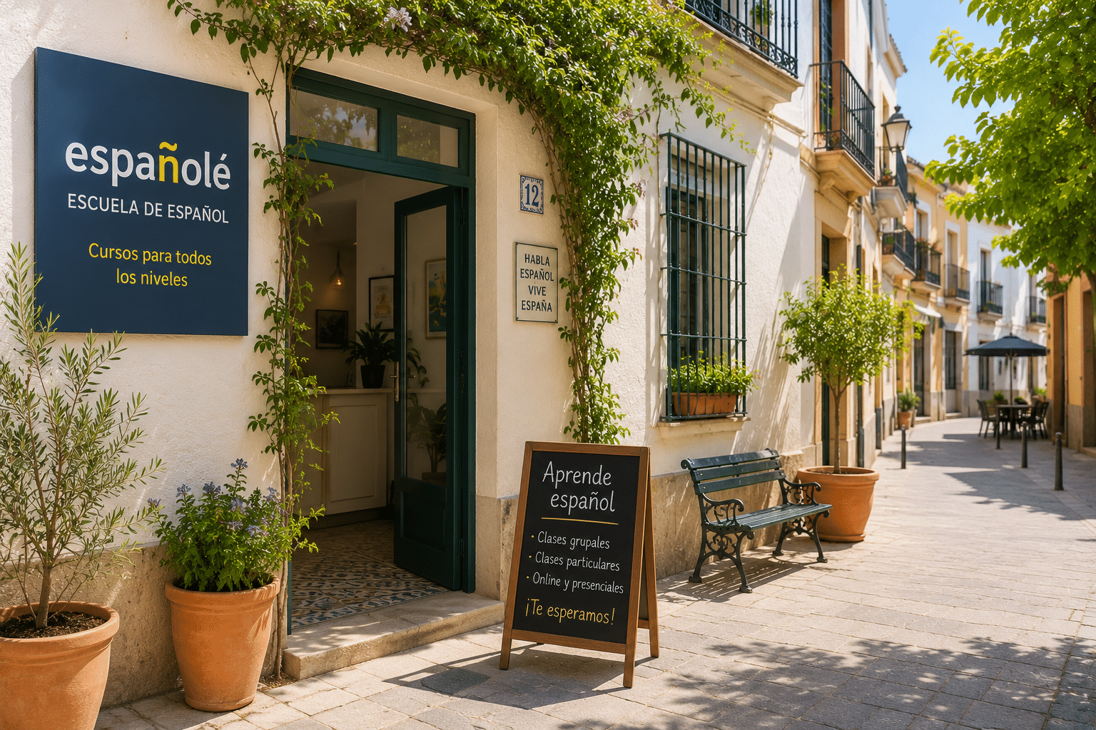 Mediterranean street with a Spanish language school representing learning Spanish while living in Spain