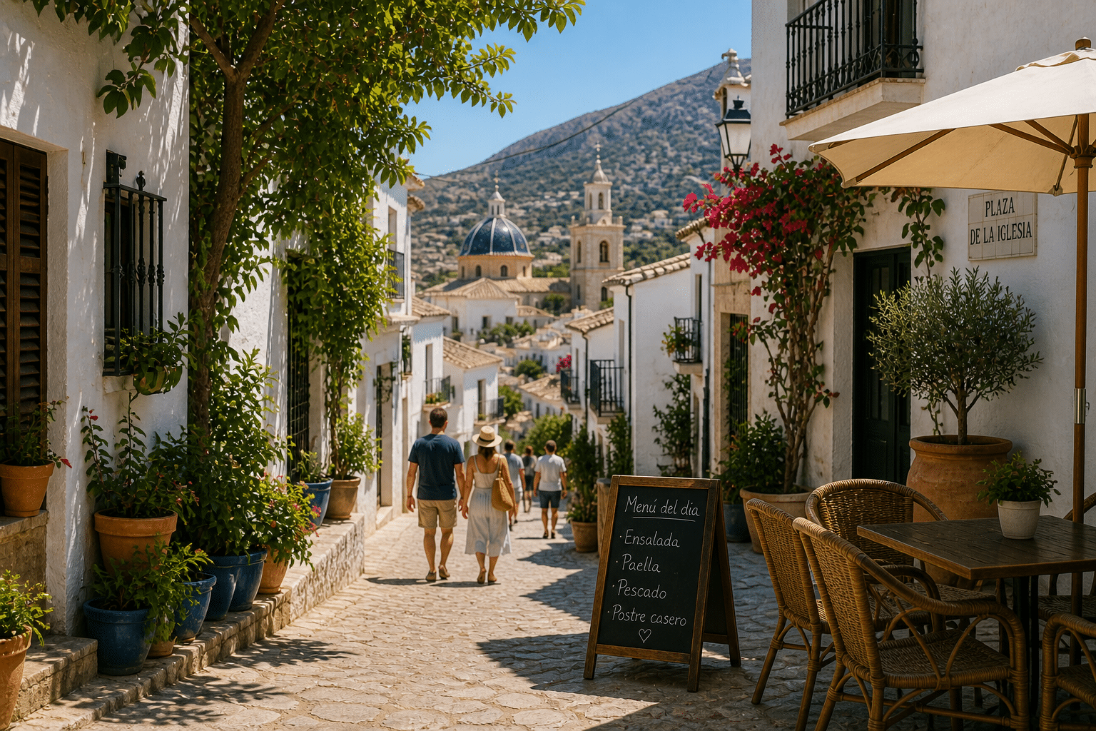 A small spanish pedestrian only street with a couple walking.