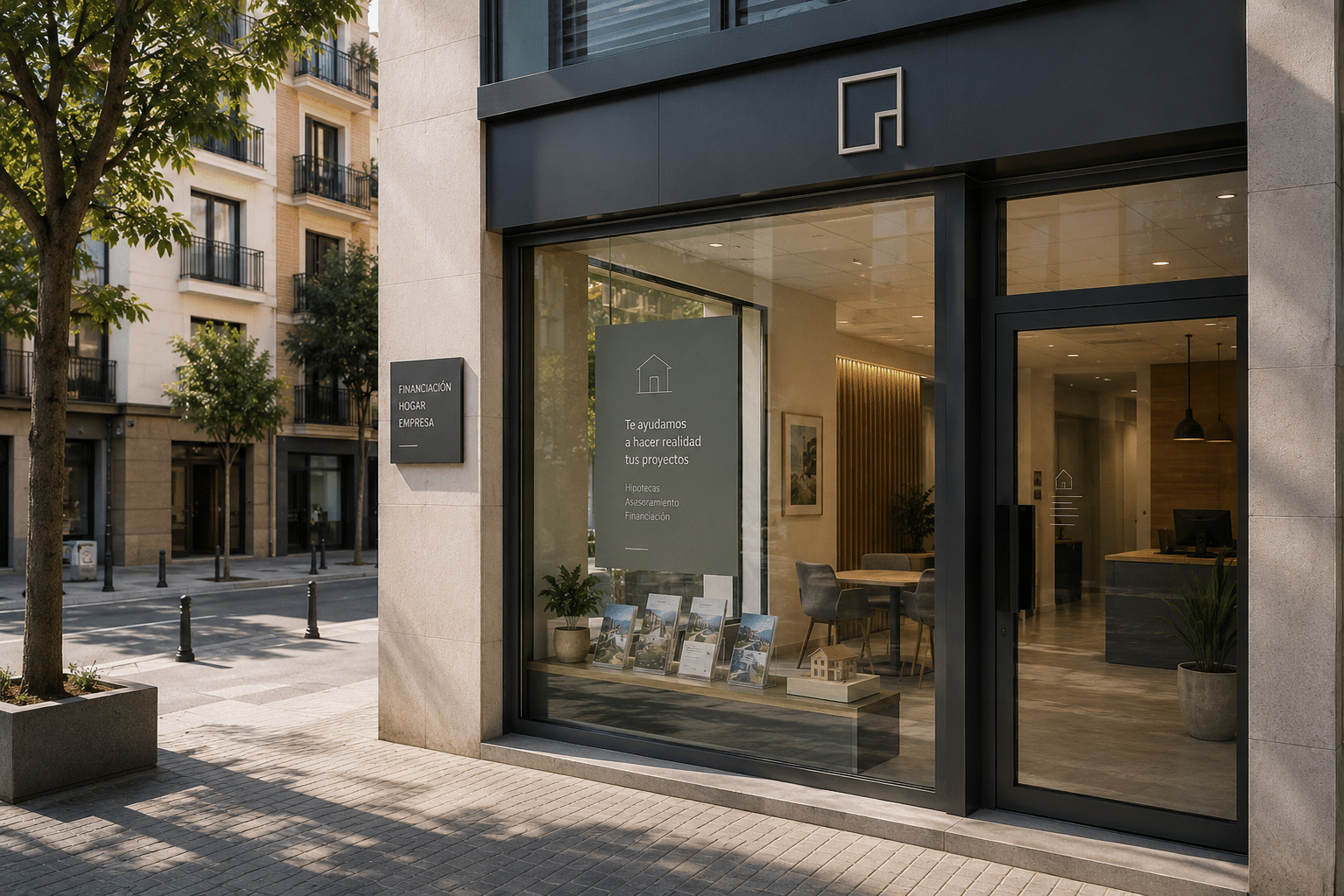 Modern neighborhood lending office in Spain with contemporary storefront representing mortgages and property financing
