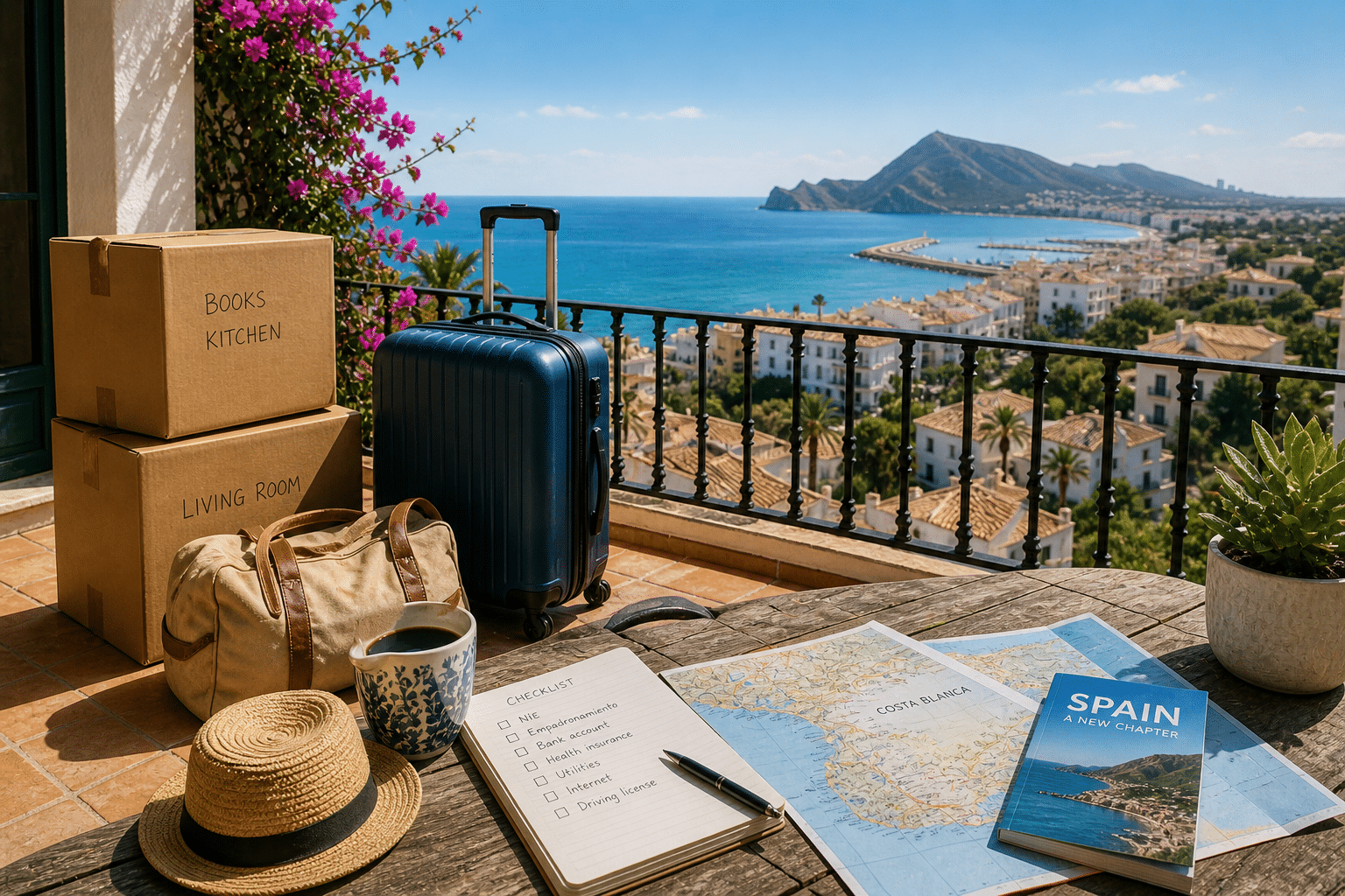 Suitcase, boxes overlooking the Mediterranean Sea