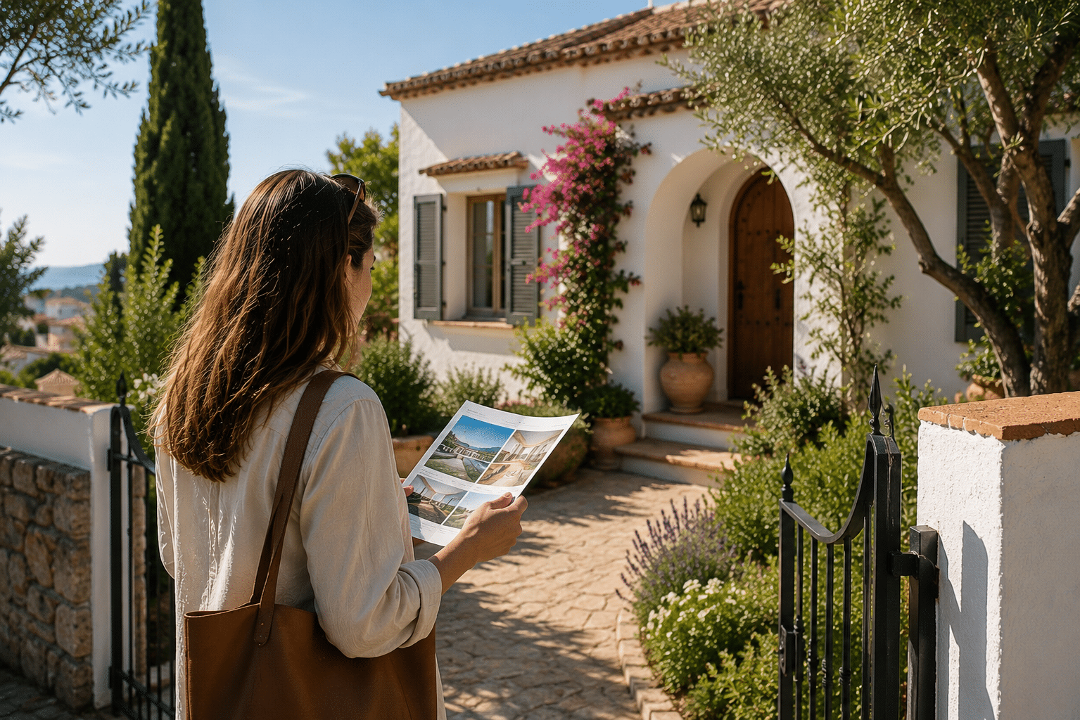 Potential home buyer in front of mediterranean home in Spain