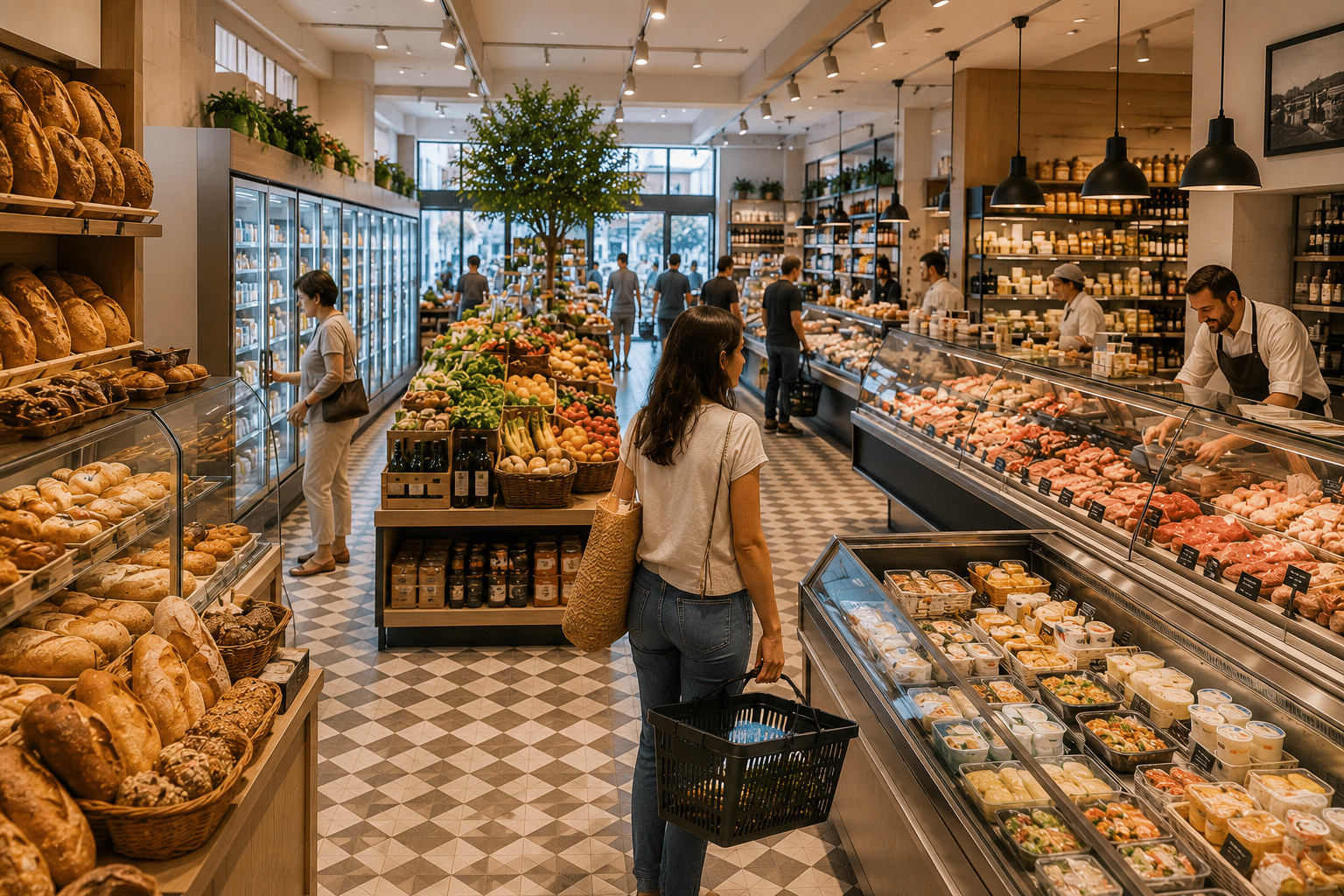 Bright modern Spanish grocery market with bakery, fresh foods, and deli counters representing everyday shopping in Spain