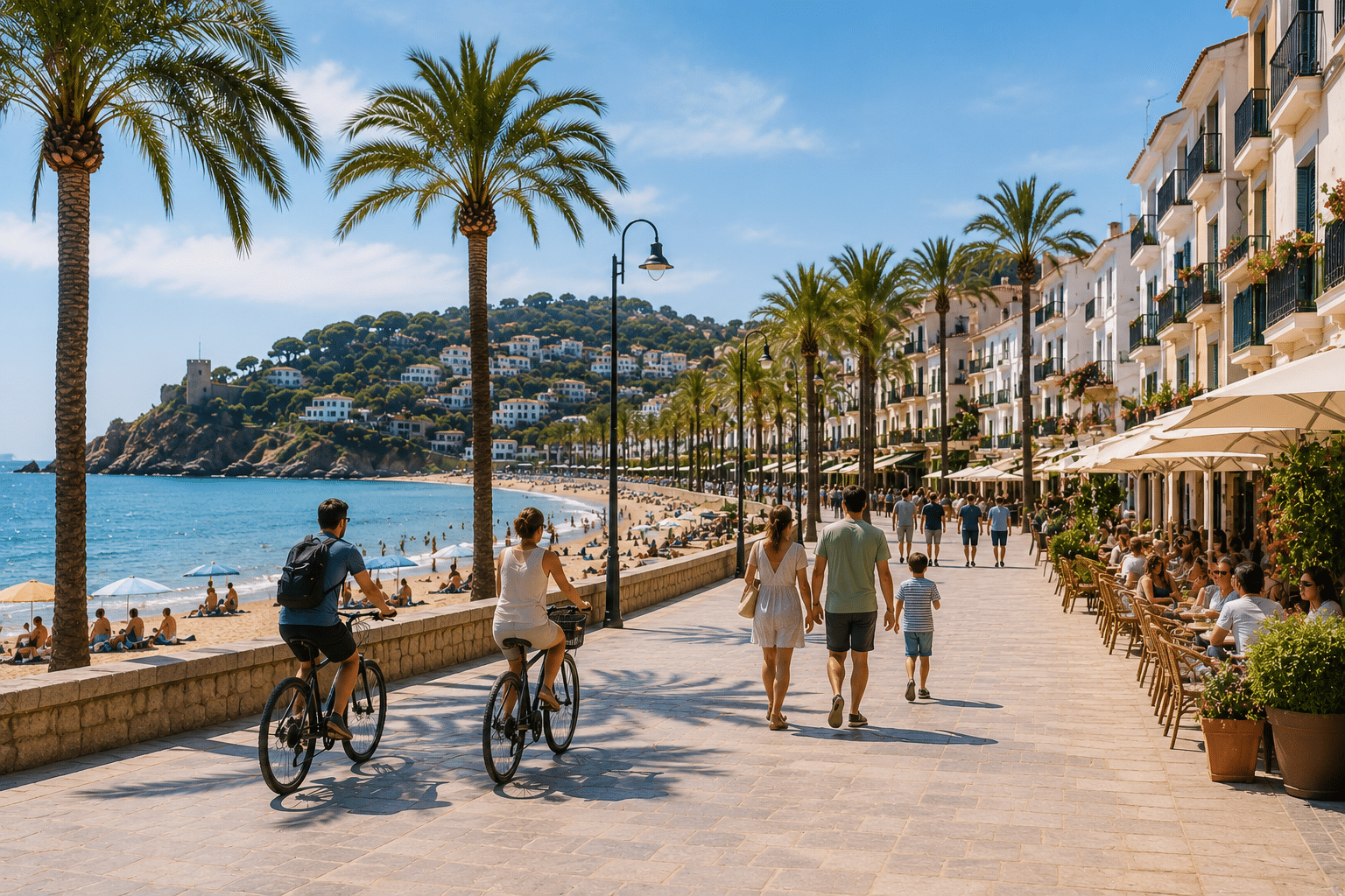 Sunny Mediterranean coastal promenade in Spain representing daily life, outdoor living, and community