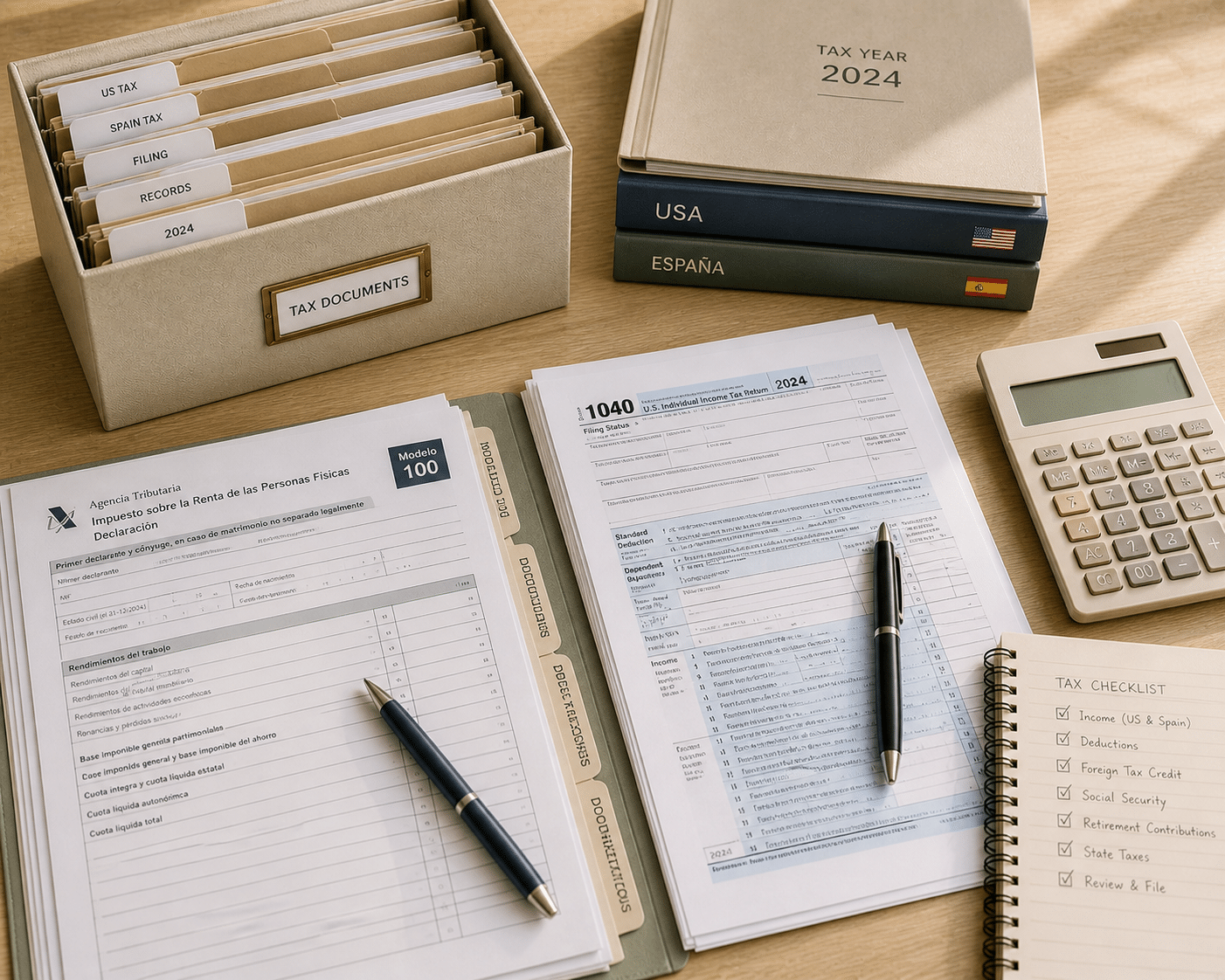 Organized US and Spanish tax documents for expat tax planning and filing