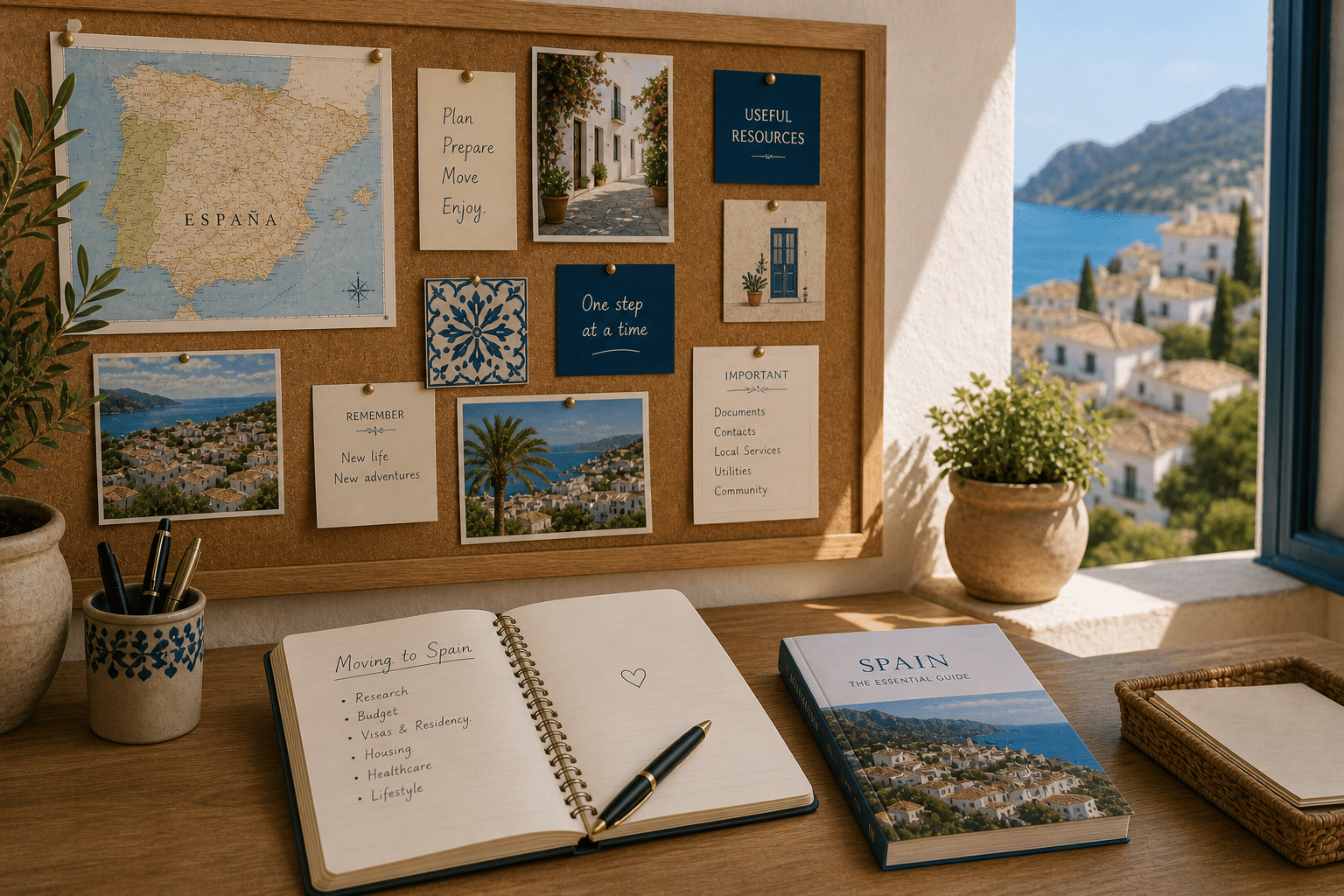 bulletin board with mementos, a notebook on a desk.