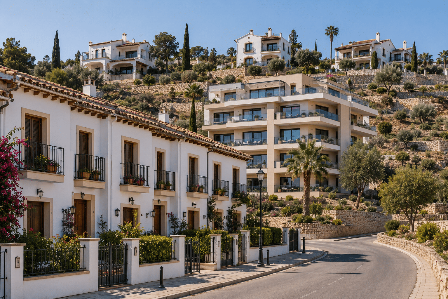 Mediterranean hillside neighborhood in Spain showing townhomes, apartments and detached villas in a residential community