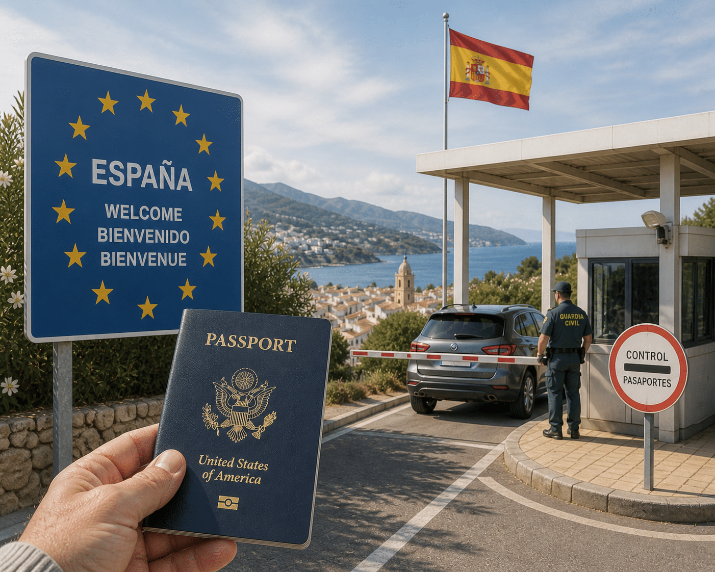 US passport at a Spanish border checkpoint for entry into Spain
