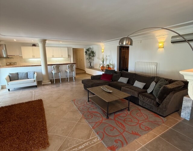 Lower level living room with kitchen, wine room off to the right